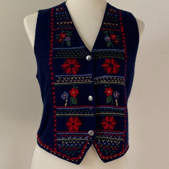 Vintage Embroidered Folk Art Vest Navy Blue Wool Button Up Vest - Picture 2 of 14